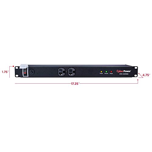 CyberPower CPS1220RMS Surge Protector, 120V/20A, 12 Outlets, 15ft Power Cord, 1U Rackmount, Black