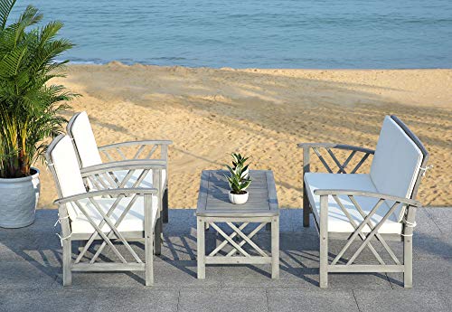 SAFAVIEH Outdoor Collection Fontana Grey Wash/ Beige 4-Piece Conversation Patio Set with Cushions