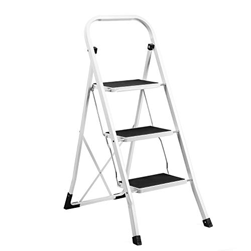 Delxo 3 Step Ladder Folding Step Stool with Handle Sturdy Wide Pedal, Lightweight Anti-Slip Portable Steel Three Step Ladders, Collapsible Ladder for Adults 500 lbs White