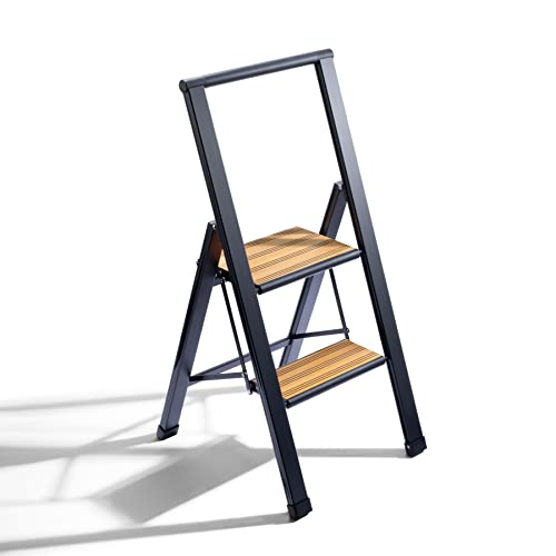 Step Ladder 2 Step Folding, Decorative - Beautiful Bamboo & Black Aluminum, Lightweight, Ultra Slim Profile, Anti Slip Steps, Sturdy-Portable for Home, Office, Kitchen, Photography Use,by SORFEY