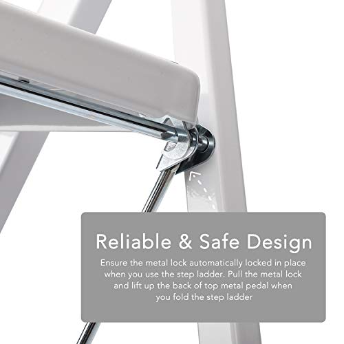 Delxo 3 Step Ladder Folding Step Stool with Handle Sturdy Wide Pedal, Lightweight Anti-Slip Portable Steel Three Step Ladders, Collapsible Ladder for Adults 500 lbs White