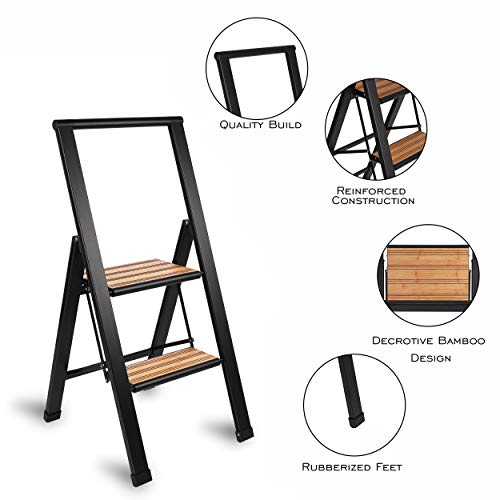 Step Ladder 2 Step Folding, Decorative - Beautiful Bamboo & Black Aluminum, Lightweight, Ultra Slim Profile, Anti Slip Steps, Sturdy-Portable for Home, Office, Kitchen, Photography Use,by SORFEY