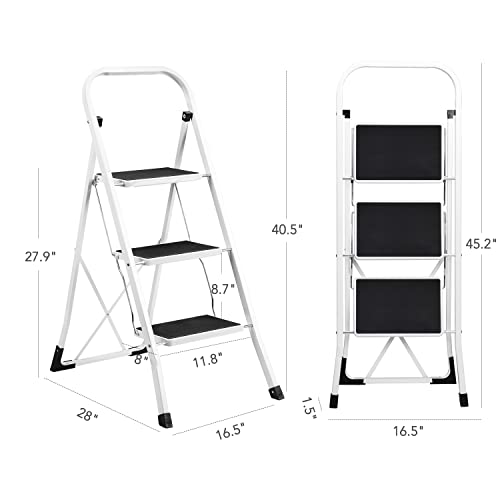 Delxo 3 Step Ladder Folding Step Stool with Handle Sturdy Wide Pedal, Lightweight Anti-Slip Portable Steel Three Step Ladders, Collapsible Ladder for Adults 500 lbs White