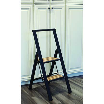 Step Ladder 2 Step Folding, Decorative - Beautiful Bamboo & Black Aluminum, Lightweight, Ultra Slim Profile, Anti Slip Steps, Sturdy-Portable for Home, Office, Kitchen, Photography Use,by SORFEY