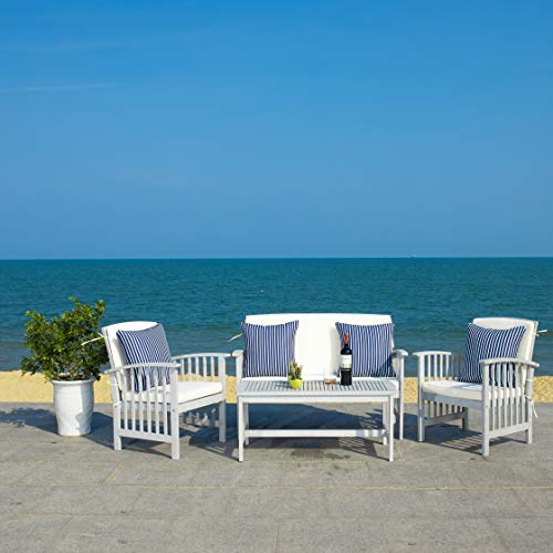 SAFAVIEH Outdoor Collection Fontana Grey / Beige Cushions/ Stripe Pillows 4-Piece Conversation Patio Set