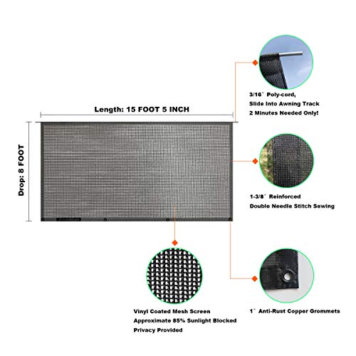 Shadeidea RV Awning Sun Shade Screen for Awning - 8' X 15' 5'' Black Mesh Sunshade Motorhome Camping Trailer UV Sunblocker Canopy Sunscreen - Offer 3 Year Warranty
