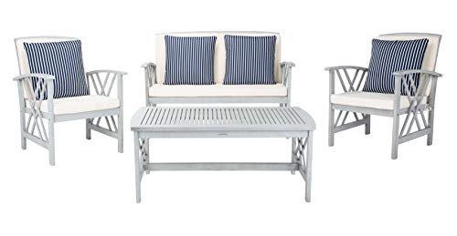 SAFAVIEH Outdoor Collection Fontana Grey / Beige Cushions/ Stripe Pillows 4-Piece Conversation Patio Set