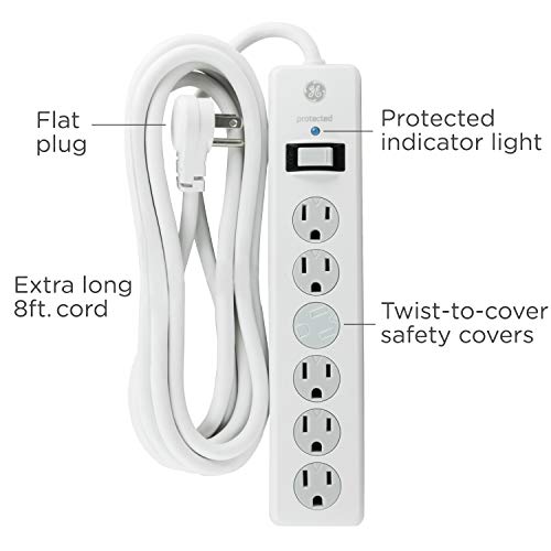 GE 6-Outlet Surge Protector, 8 Ft Extension Cord, Power Strip, 800 Joules, Flat Plug, Twist-to-Close Safety Covers, Protected Indicator Light, UL Listed, White, 14014