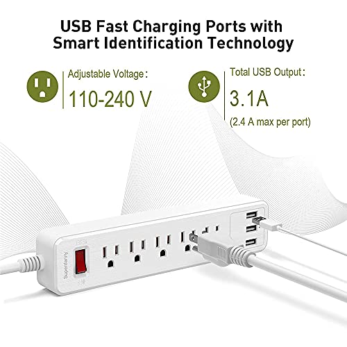Power Strip, SUPERDANNY Surge Protector, 5 Outlets, 3 USB Ports, 4.5 Ft Extension Cord, 900 Joules, Mountable, Overload Switch, Protected Indicator Light, Multiple Protections for Home Office, White