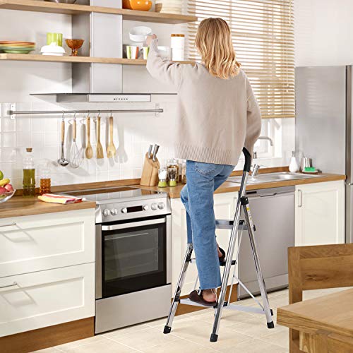 Lionladder 3 Step Ladder, Folding Step Stool with Wide Anti-Slip Pedal, 330lbs Sturdy Steel Ladder, Sponge Safety Handgrip, Lightweight, Portable Step Stool，Silver
