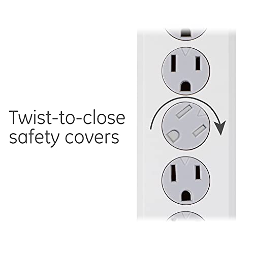 GE 6-Outlet Surge Protector, 8 Ft Extension Cord, Power Strip, 800 Joules, Flat Plug, Twist-to-Close Safety Covers, Protected Indicator Light, UL Listed, White, 14014