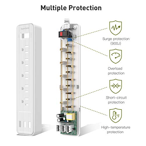Power Strip, SUPERDANNY Surge Protector, 5 Outlets, 3 USB Ports, 4.5 Ft Extension Cord, 900 Joules, Mountable, Overload Switch, Protected Indicator Light, Multiple Protections for Home Office, White