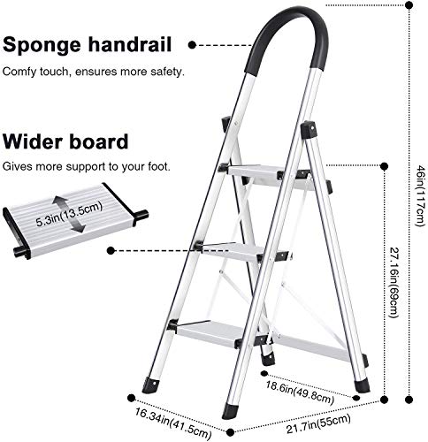 Lionladder 3 Step Ladder, Folding Step Stool with Wide Anti-Slip Pedal, 330lbs Sturdy Steel Ladder, Sponge Safety Handgrip, Lightweight, Portable Step Stool，Silver