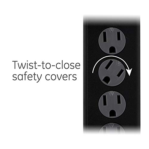 GE 6-Outlet Surge Protector, 8 Ft Extension Cord, Power Strip, 1300 Joules, Flat Plug, Twist-to-Close Safety Covers, Protected Indicator Light, UL Listed, Black, 33662