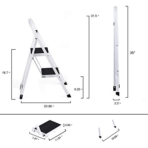 Delxo Step Ladder 2 Step Stool with Handle Heavy Duty Steel Sturdy Wide Pedal Ladder Folding Lightweight Anti-Slip Portable & Collapsible Ladder Kitchen Small Step Stool 500 lbs.White