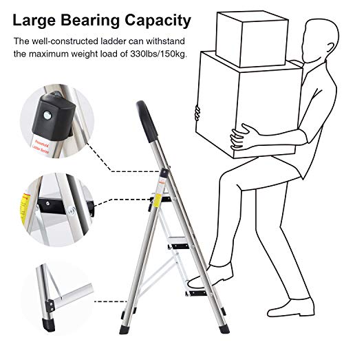Lionladder 3 Step Ladder, Folding Step Stool with Wide Anti-Slip Pedal, 330lbs Sturdy Steel Ladder, Sponge Safety Handgrip, Lightweight, Portable Step Stool，Silver