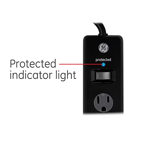 GE 6-Outlet Surge Protector, 8 Ft Extension Cord, Power Strip, 1300 Joules, Flat Plug, Twist-to-Close Safety Covers, Protected Indicator Light, UL Listed, Black, 33662