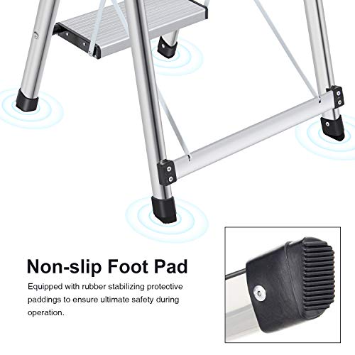 Lionladder 3 Step Ladder, Folding Step Stool with Wide Anti-Slip Pedal, 330lbs Sturdy Steel Ladder, Sponge Safety Handgrip, Lightweight, Portable Step Stool，Silver