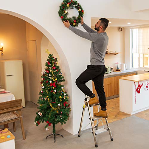 Lionladder 3 Step Ladder, Folding Step Stool with Wide Anti-Slip Pedal, 330lbs Sturdy Steel Ladder, Sponge Safety Handgrip, Lightweight, Portable Step Stool，Silver