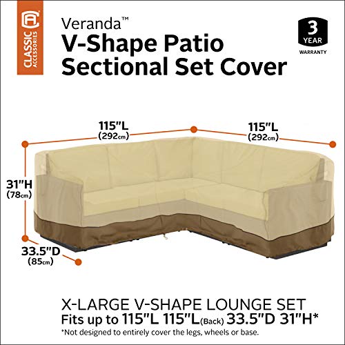 Classic Accessories 56-304-051501-EC Veranda V-Shaped Sectional Sofa Cover, X-Large, Pebble-Earth-Bark, Patio Furniture Covers