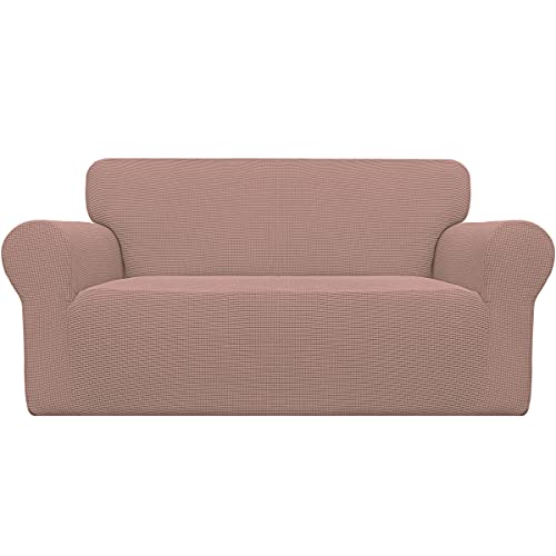 Easy-Going Stretch Loveseat Slipcover 1-Piece Sofa Cover Furniture Protector Couch Soft with Elastic Bottom for Kids Polyester Spandex Jacquard Fabric Small Checks (Loveseat, Pink)