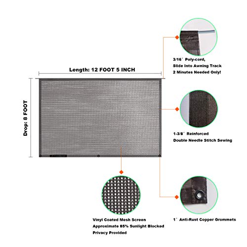 RV Sun Shade Screen for Awning - 8' X 12' 5'' Brown Mesh Sunshade Motorhome Camping Trailer UV Sunblocker Canopy Sunscreen - Shadeidea Offer 3 Years Warranty