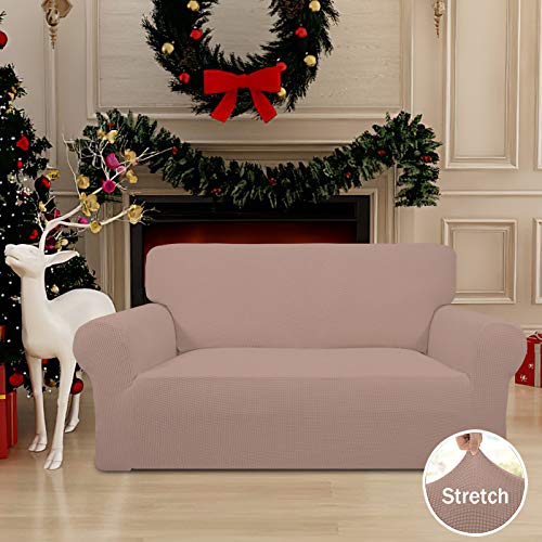 Easy-Going Stretch Loveseat Slipcover 1-Piece Sofa Cover Furniture Protector Couch Soft with Elastic Bottom for Kids Polyester Spandex Jacquard Fabric Small Checks (Loveseat, Pink)