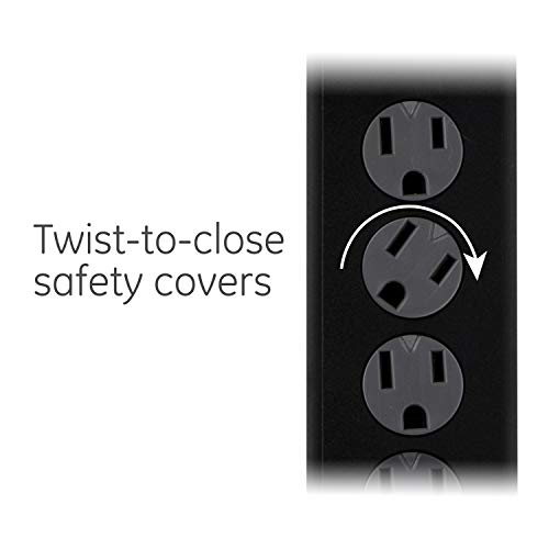 GE 6-Outlet Surge Protector, 10 Ft Extension Cord, Power Strip, 600 Joules, Twist-to-Close Safety Covers, Protected Indicator Light, UL Listed, Black, 37442