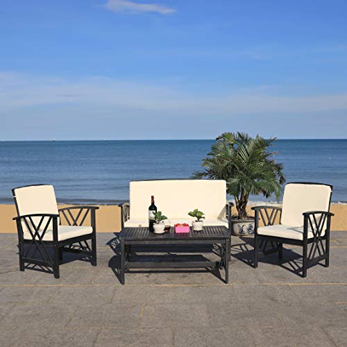 SAFAVIEH Outdoor Collection Fontana Black/ Beige Cushions 4-Piece Conversation Patio Set