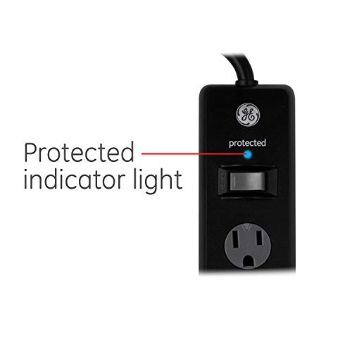 GE 6-Outlet Surge Protector, 10 Ft Extension Cord, Power Strip, 600 Joules, Twist-to-Close Safety Covers, Protected Indicator Light, UL Listed, Black, 37442