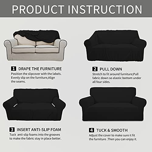 Easy-Going Stretch Loveseat Slipcover 1-Piece Sofa Cover Furniture Protector Couch Soft with Elastic Bottom for Kids Polyester Spandex Jacquard Fabric Small Checks (Loveseat, Black)
