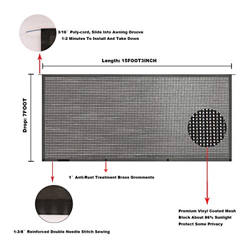Tentproinc RV Awning Shade Screen 7' X 15' 3'' Black Sunshade Camping Trailer UV Sun Blocker Complete Kits - 3 Years Limited Warranty