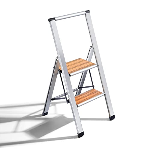 Step Ladder 2 Step Folding, Decorative - Beautiful Bamboo & Silver Aluminum, Ultra Slim Profile, Anti Slip Steps, Sturdy-Portable for Home, Office, Kitchen, Photography Use,by SORFEY