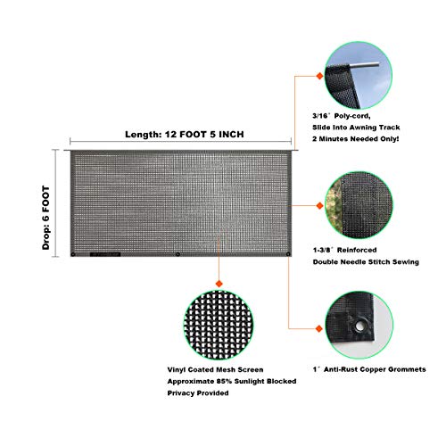 RV Sun Shade Screen for Awning - 6' X 12' 5'' Black Mesh Sunshade Motorhome Camping Trailer UV Sunblocker Canopy Sunscreen - Shadeidea Offer 3 Years Warranty