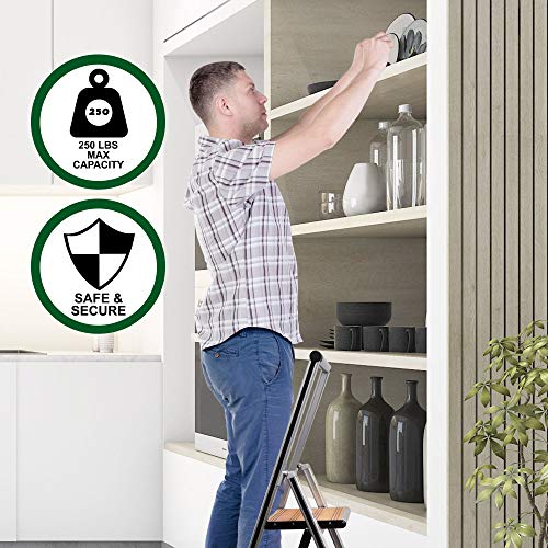 Step Ladder 2 Step Folding, Decorative - Beautiful Bamboo & Silver Aluminum, Ultra Slim Profile, Anti Slip Steps, Sturdy-Portable for Home, Office, Kitchen, Photography Use,by SORFEY