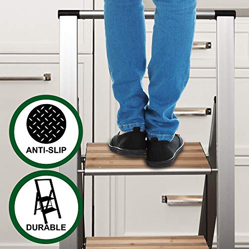 Step Ladder 2 Step Folding, Decorative - Beautiful Bamboo & Silver Aluminum, Ultra Slim Profile, Anti Slip Steps, Sturdy-Portable for Home, Office, Kitchen, Photography Use,by SORFEY
