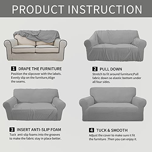 Easy-Going Stretch Loveseat Slipcover 1-Piece Sofa Cover Furniture Protector Couch Soft with Elastic Bottom for Kids Polyester Spandex Jacquard Fabric Small Checks (Loveseat, Light Gray)