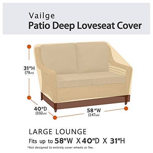 Vailge 2-Seater Heavy Duty Patio Deep Bench Loveseat Cover, 100% Waterproof Outdoor Deep Sofa Cover, Lawn Patio Furniture Covers with Air Vent, Small (Deep), Beige & Brown