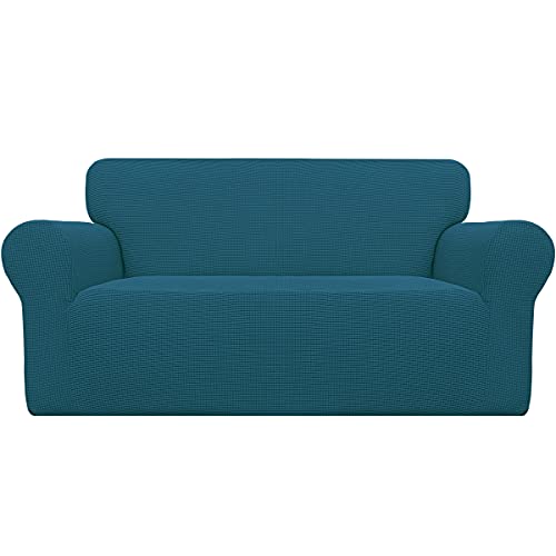 Easy-Going Stretch Loveseat Slipcover 1-Piece Sofa Cover Furniture Protector Couch Soft with Elastic Bottom for Kids Polyester Spandex Jacquard Fabric Small Checks (Loveseat, Peacock Blue)