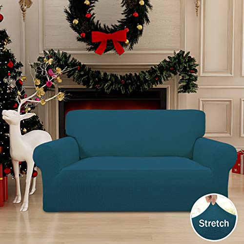 Easy-Going Stretch Loveseat Slipcover 1-Piece Sofa Cover Furniture Protector Couch Soft with Elastic Bottom for Kids Polyester Spandex Jacquard Fabric Small Checks (Loveseat, Peacock Blue)