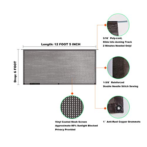 Shadeidea RV Sun Shade Screen for Awning - 6' X 12' 5'' (Brown Mesh) Sunshade Motorhome Camping Trailer UV Sunblocker Canopy Sunscreen - 3 Years Lasting