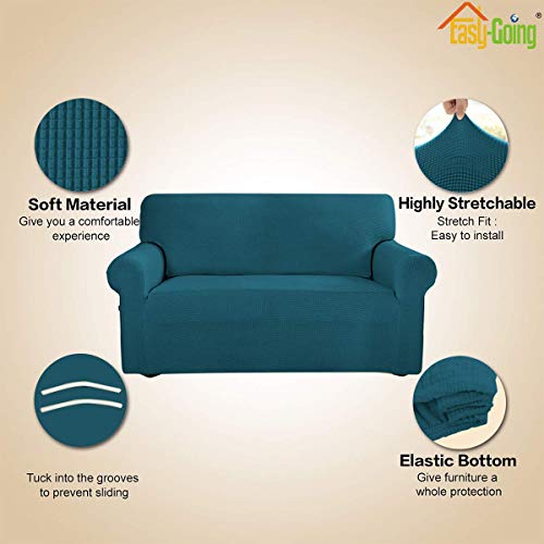 Easy-Going Stretch Loveseat Slipcover 1-Piece Sofa Cover Furniture Protector Couch Soft with Elastic Bottom for Kids Polyester Spandex Jacquard Fabric Small Checks (Loveseat, Peacock Blue)