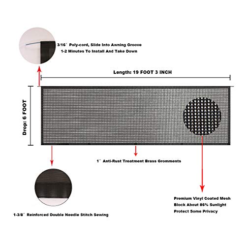RV Awning Shade Screen 6' X 19' 3'' Black Mesh Sun Screen Sunshade UV Sun Blocker Tentproinc Complete Kits - 3 Years Limited Warranty