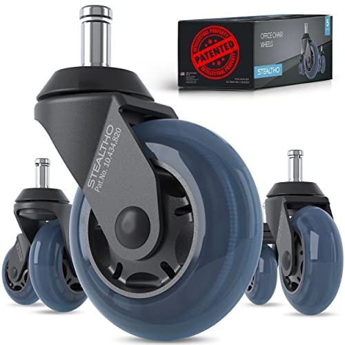 STEALTHO Patented Replacement Office Chair Caster Wheels Set of 5 - Protect Your Floor - Quick & Quiet Rolling Over Cables - No More Chair Mat Needed - Blue Polyurethane - Standard Stem 7/16 inch