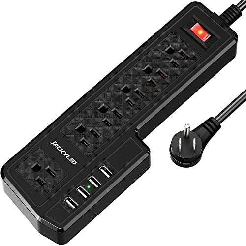 10ft Power Strip USB Surge Protector, JACKYLED Mountable 6 Outlets 4 USB Ports Electric Power Outlet with Offset Plug Electric Long Extension Cord Power Charging Station for Home Office