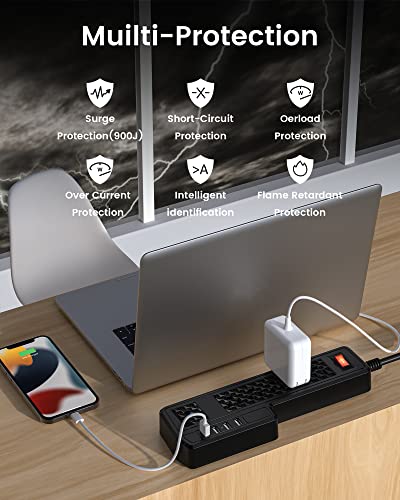 10ft Power Strip USB Surge Protector, JACKYLED Mountable 6 Outlets 4 USB Ports Electric Power Outlet with Offset Plug Electric Long Extension Cord Power Charging Station for Home Office