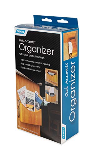 Camco Oak Accents Wall Organizer- Mountable Organizer Stores Tablets, Magazines, Books, Headphones and More, Easy Set Up - Oak Wood Finish (43483)