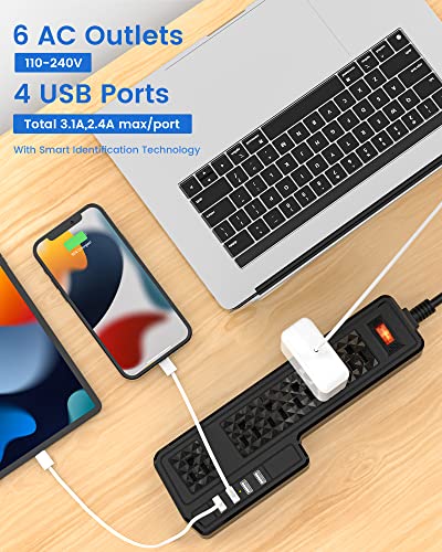10ft Power Strip USB Surge Protector, JACKYLED Mountable 6 Outlets 4 USB Ports Electric Power Outlet with Offset Plug Electric Long Extension Cord Power Charging Station for Home Office