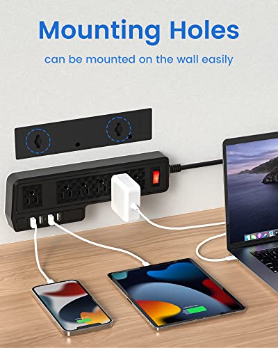 10ft Power Strip USB Surge Protector, JACKYLED Mountable 6 Outlets 4 USB Ports Electric Power Outlet with Offset Plug Electric Long Extension Cord Power Charging Station for Home Office