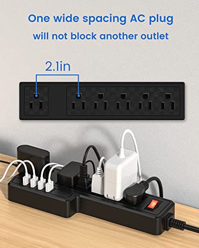 10ft Power Strip USB Surge Protector, JACKYLED Mountable 6 Outlets 4 USB Ports Electric Power Outlet with Offset Plug Electric Long Extension Cord Power Charging Station for Home Office